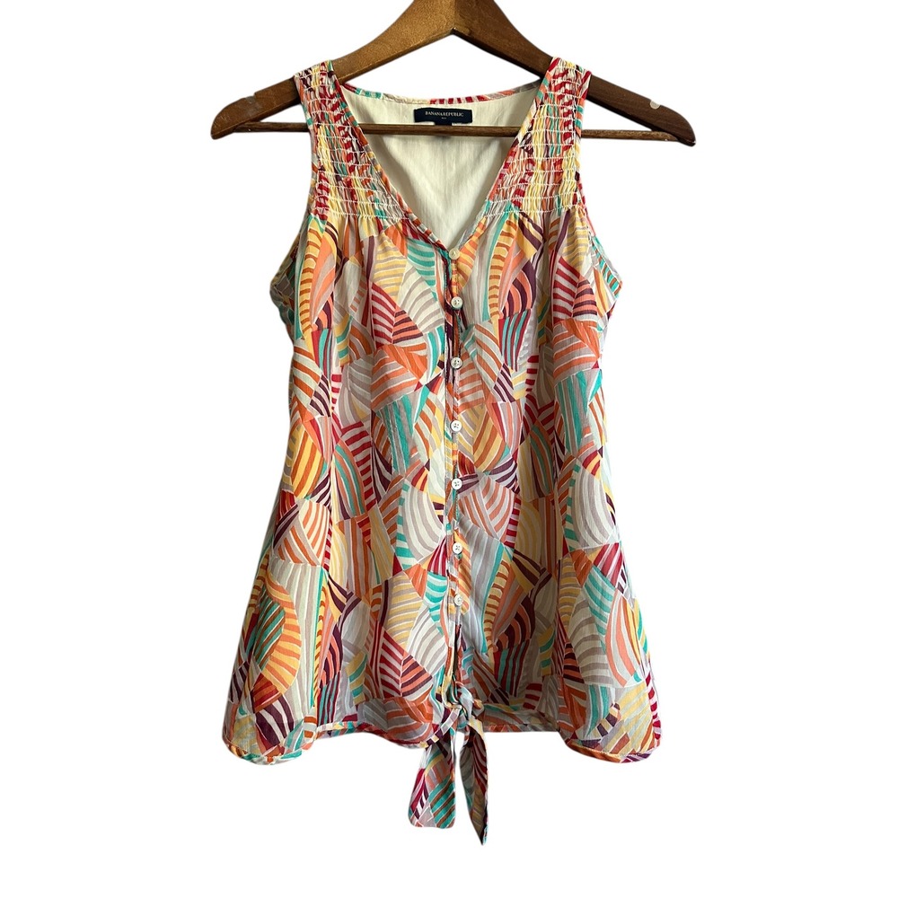 Banana Republic Womens XS Tie Front V Neck Sleeveless Abstract Print Blouse